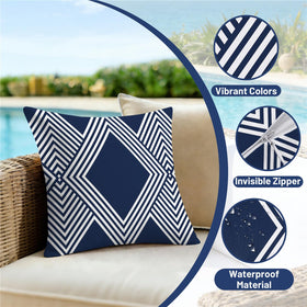 NIGHTWISH navy and white cushions arranged on a patio setup.