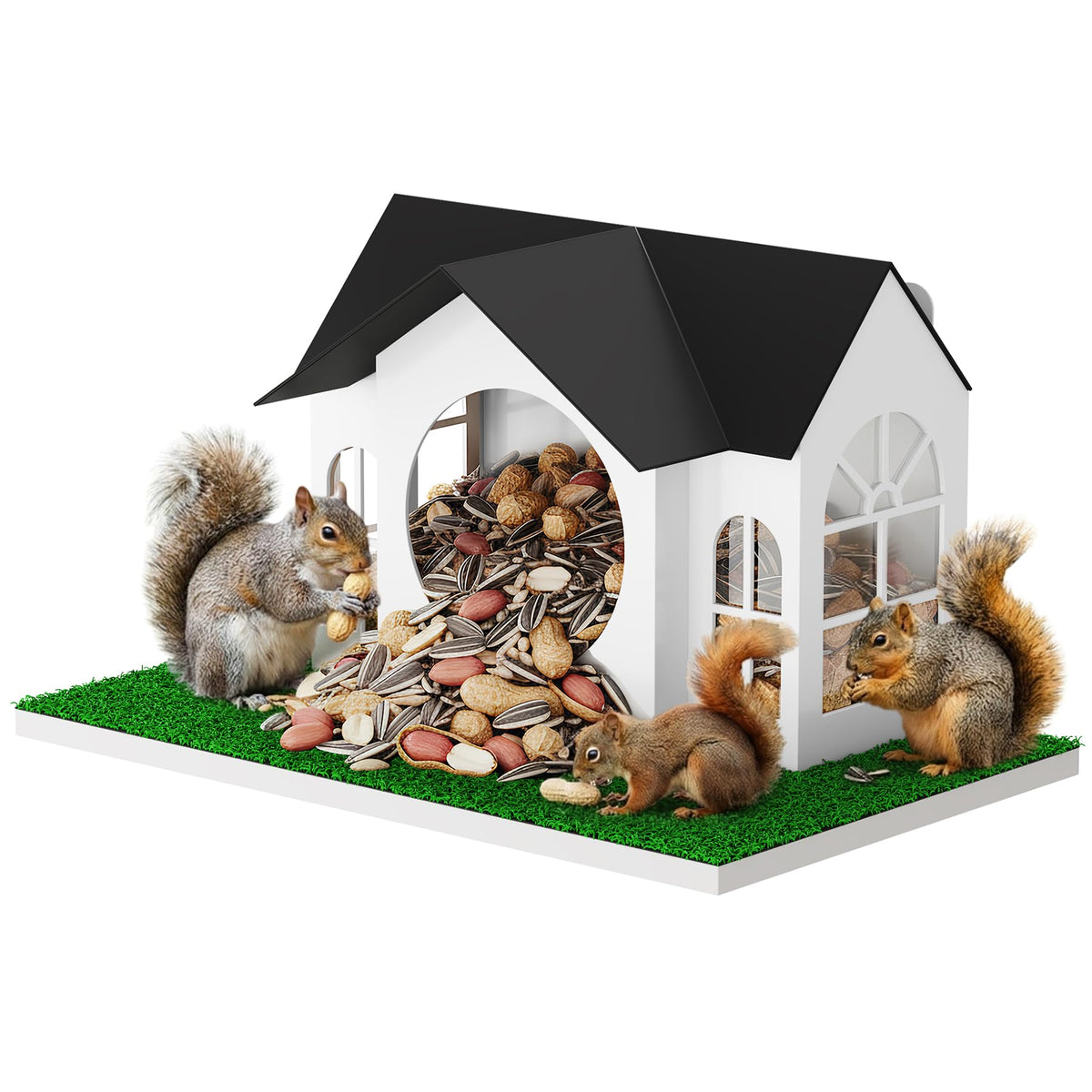 NiHome squirrel feeder hanging house front view, durable metal construction for year-round outdoor use.