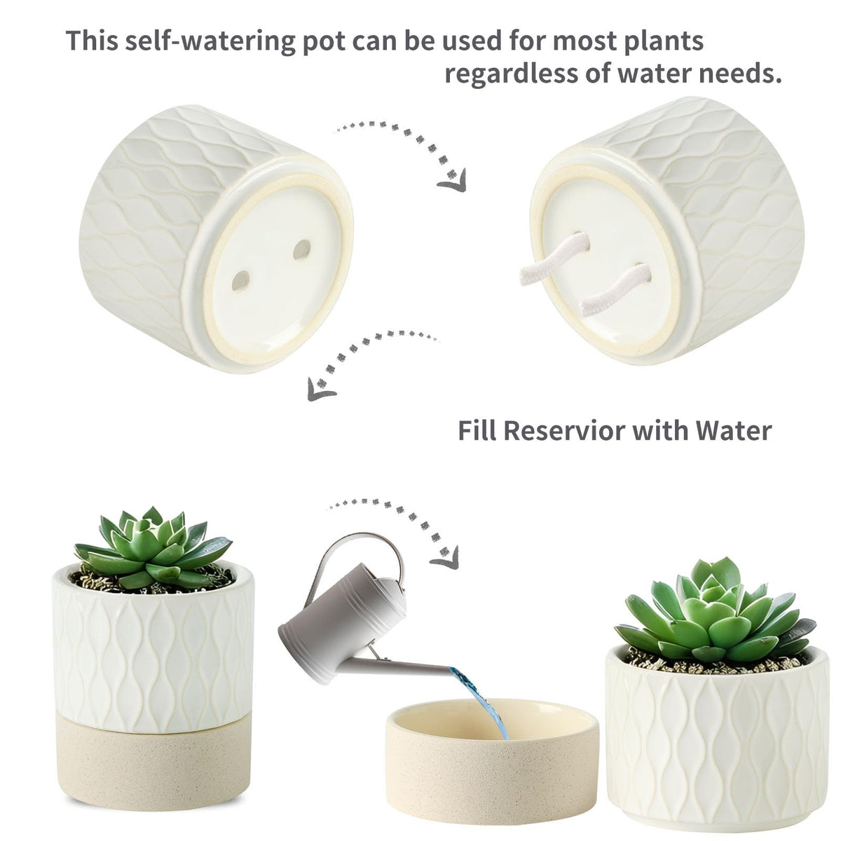 Nihow ceramic planter showing wick system for consistent indoor moisture.