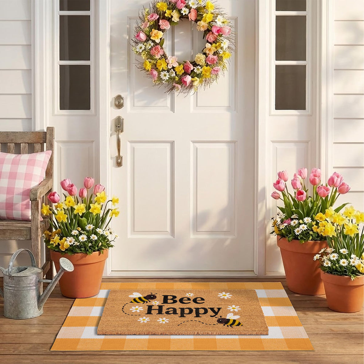NIIKOOS Bee Happy Welcome Mat featuring cheerful stencil and light dirt removal for entryways.