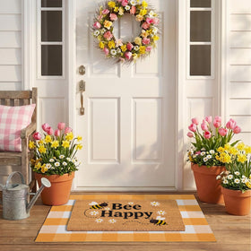 NIIKOOS Bee Happy Welcome Mat featuring cheerful stencil and light dirt removal for entryways.