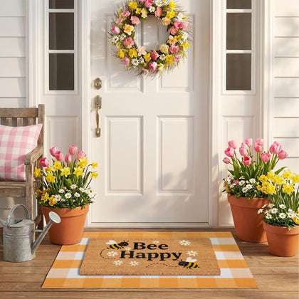 NIIKOOS Bee Happy Welcome Mat featuring cheerful stencil and light dirt removal for entryways.