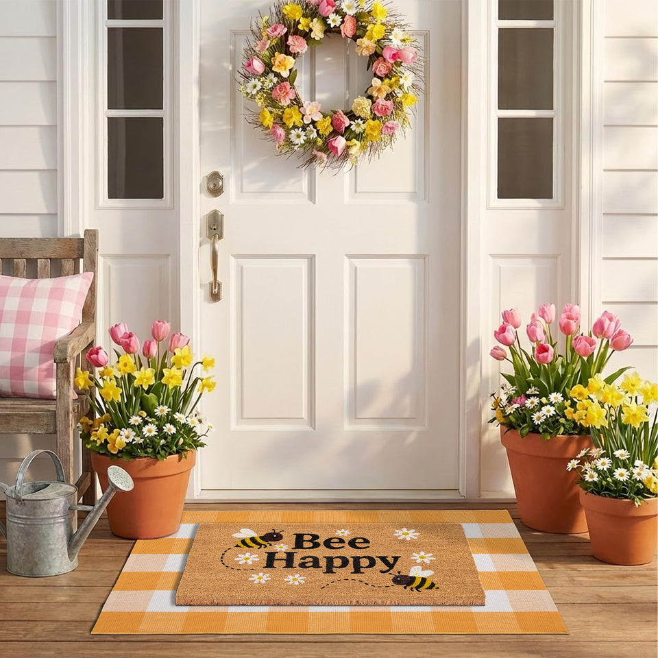 NIIKOOS Bee Happy Welcome Mat featuring cheerful stencil and light dirt removal for entryways.