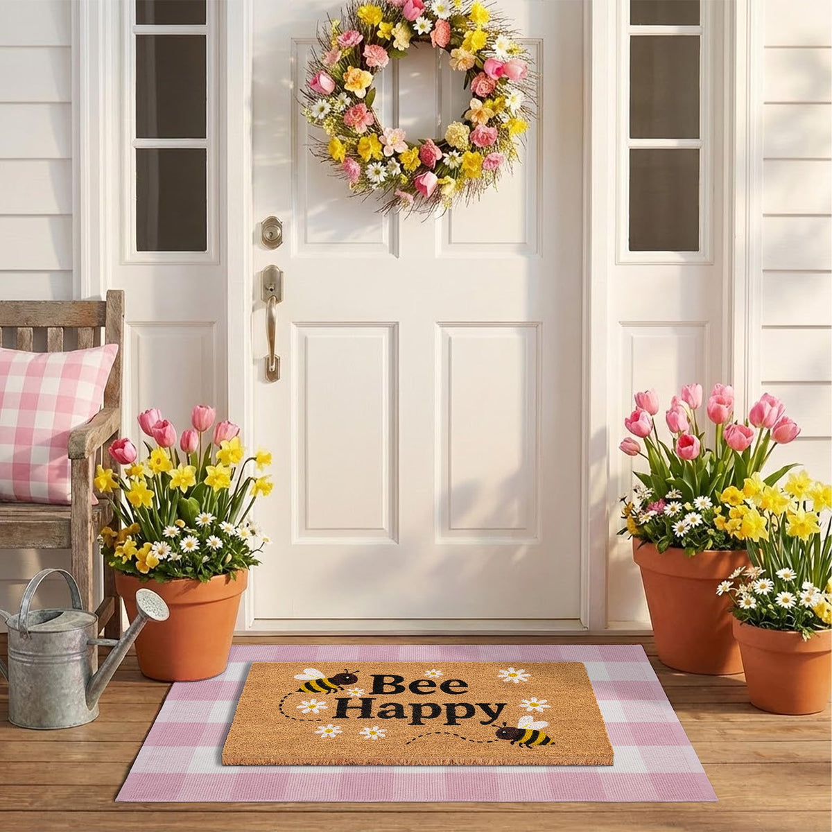 NIIKOOS Bee Happy layered doormat set top mat with printed coir design welcomes guests