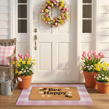 NIIKOOS Bee Happy layered doormat set top mat with printed coir design welcomes guests