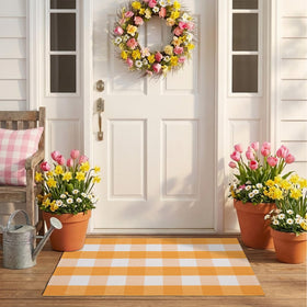 NIIKOOS spring-yellow-plaid-rug front door setup for layered welcome display