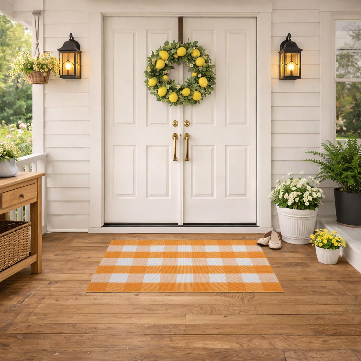 NIIKOOS spring-yellow-plaid-rug layered-doormat highlights durable, easy-to-clean entrance decor