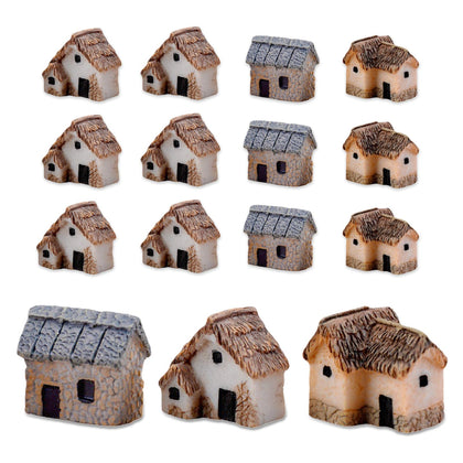 NIIIYTYB resin mini village houses with detailed thatched roofs for terrarium decor.