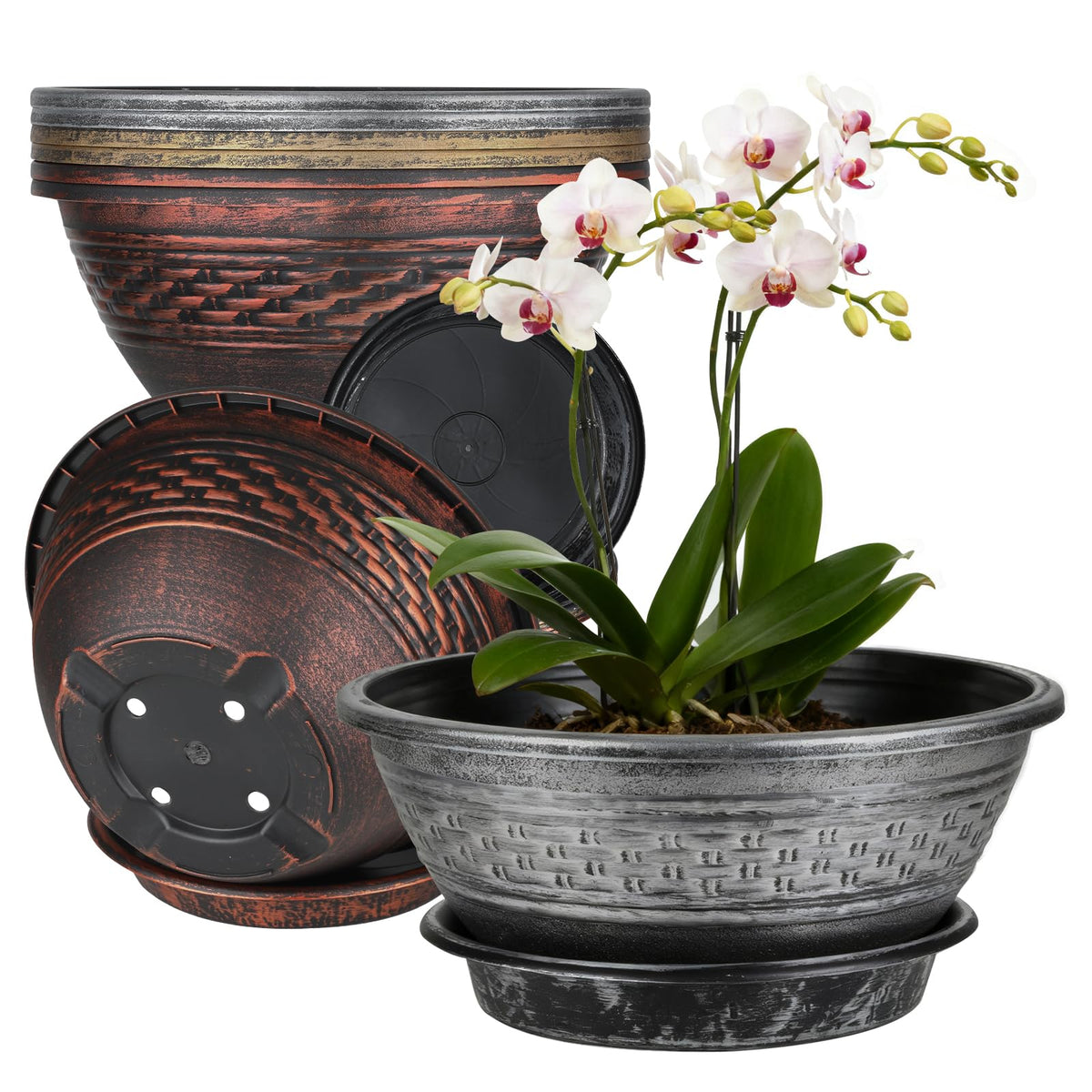 NIKONIKO 12-inch green-gold woven planter, front view, enhances indoor decor.
