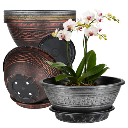 NIKONIKO 12-inch green-gold woven planter, front view, enhances indoor decor.