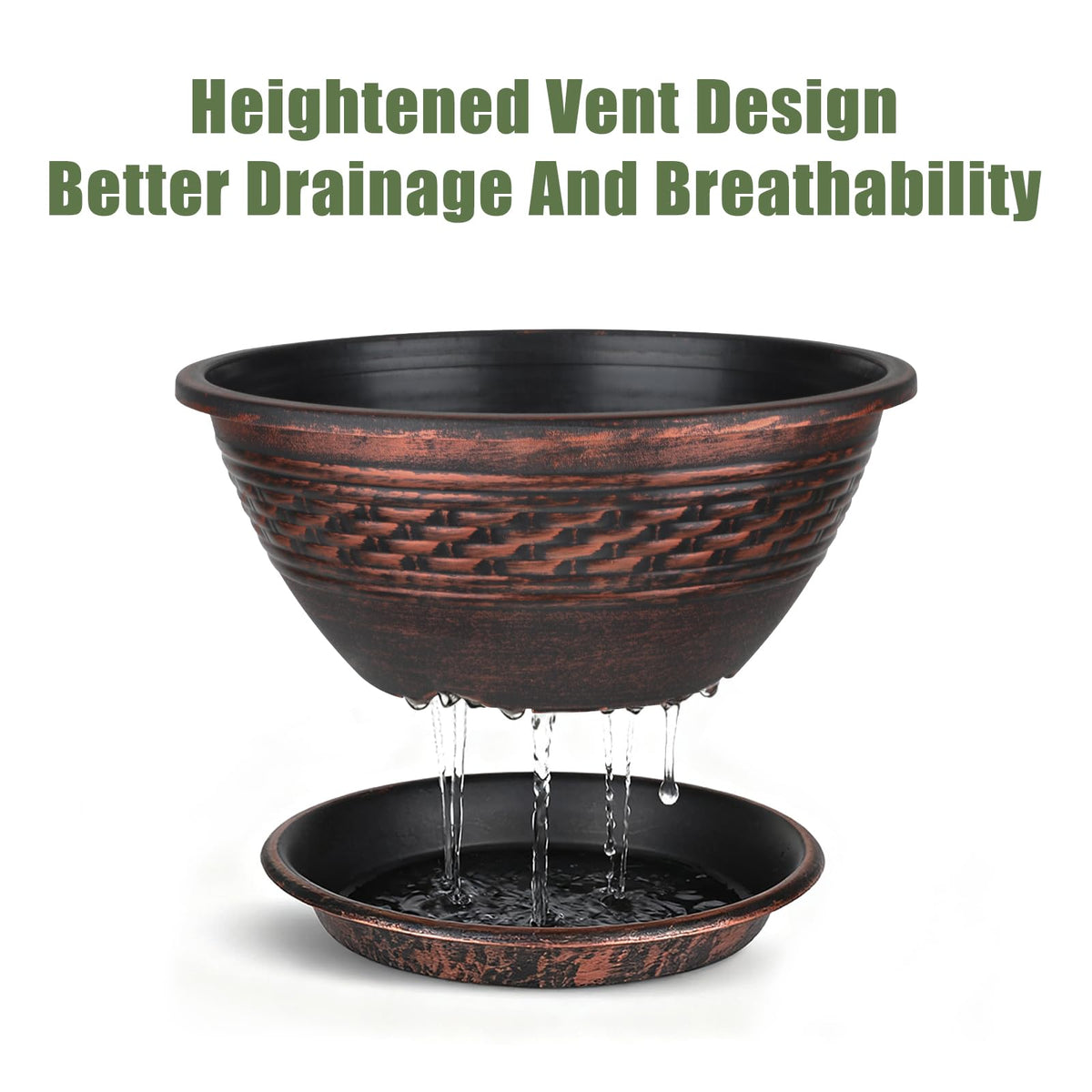 NIKONIKO 12-inch red copper woven planter, side view, great balcony accent.