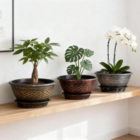 NIKONIKO 12-inch woven planter with tray, bottom view for stability.