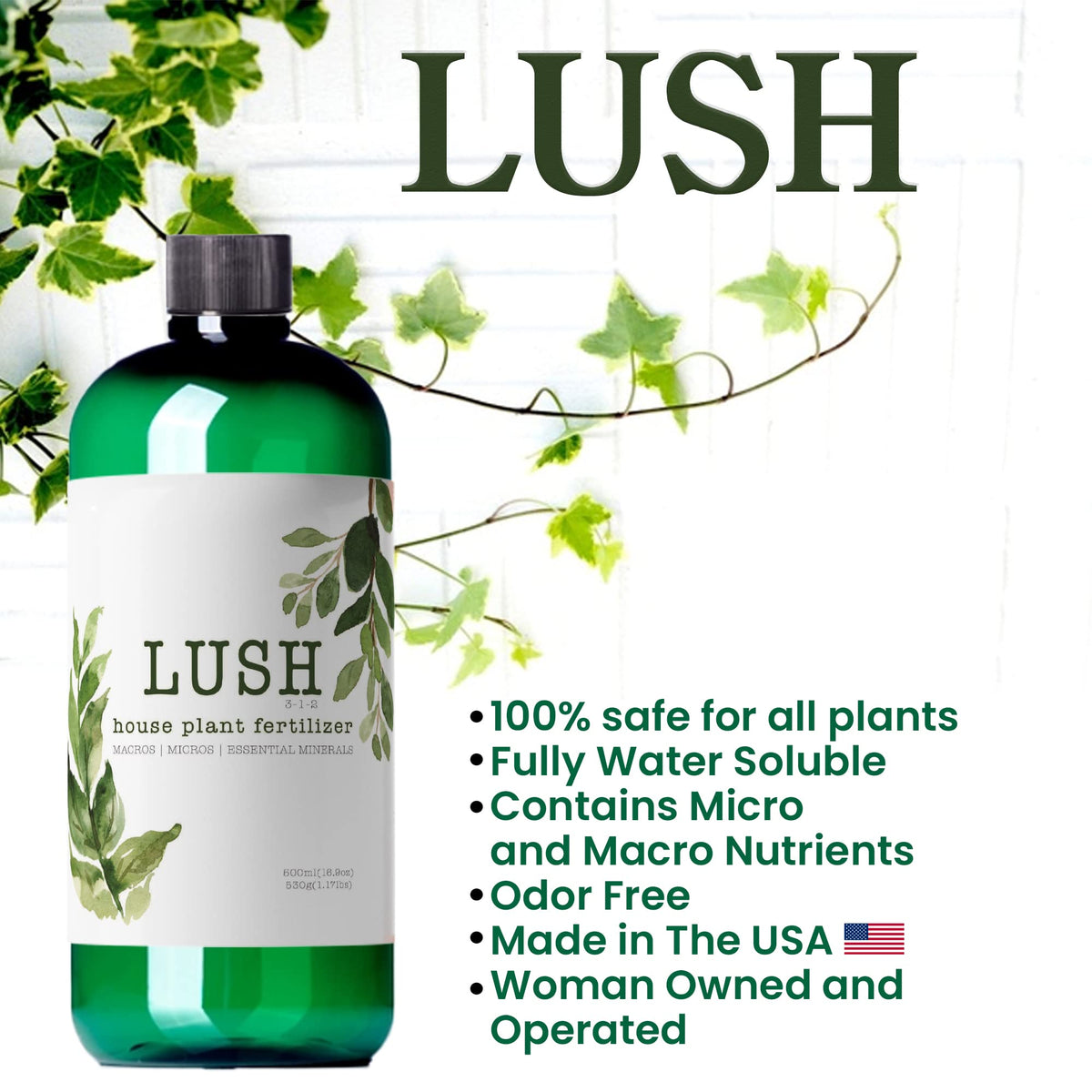 NilocG Lush Houseplant Fertilizer label close-up shows balanced 3-1-2 NPK.