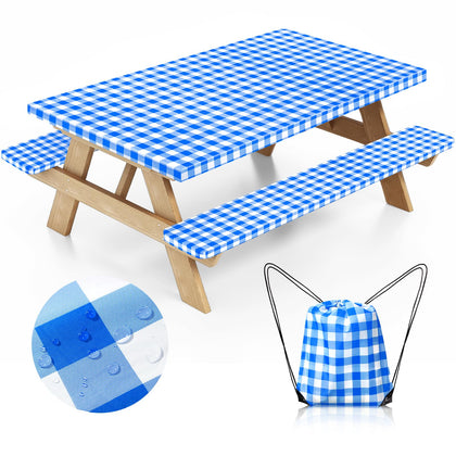 Nimalpal blue picnic table cover with elastic edges for windproof outdoor dining.