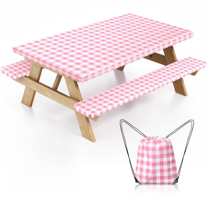 Nimalpal pink picnic table cover with elastic corners securing the outdoor setup.