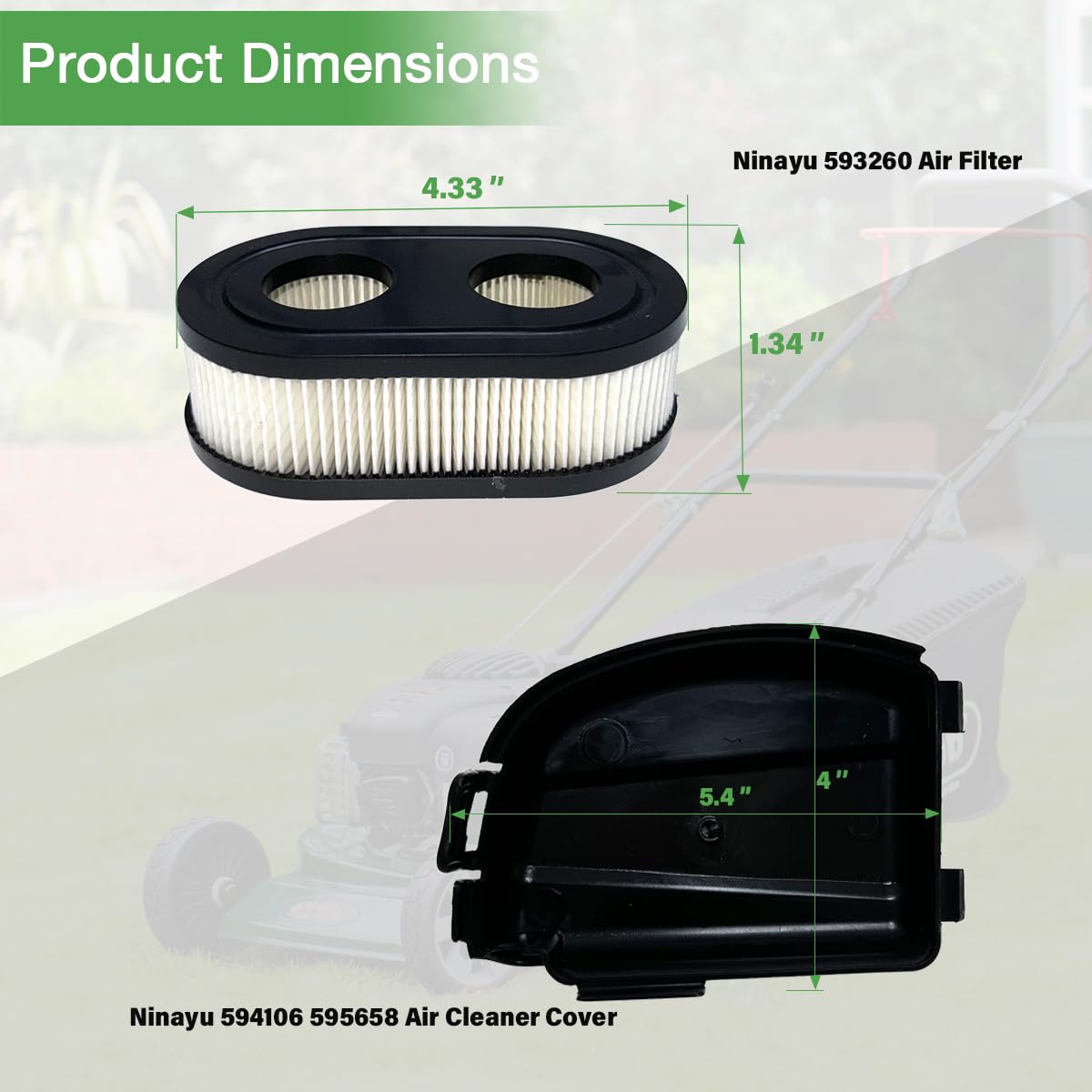 Ninayu TB110 filter compatibility image showcases wide mower support