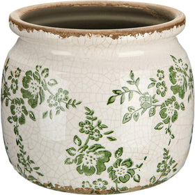 Ninehaoou vintage planter beige and green ditsy scroll pattern enhances rustic shelves.