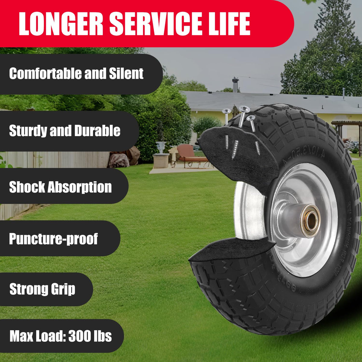 NING SHUO wheel highlighting 300 lb load capacity for heavy-duty tasks.