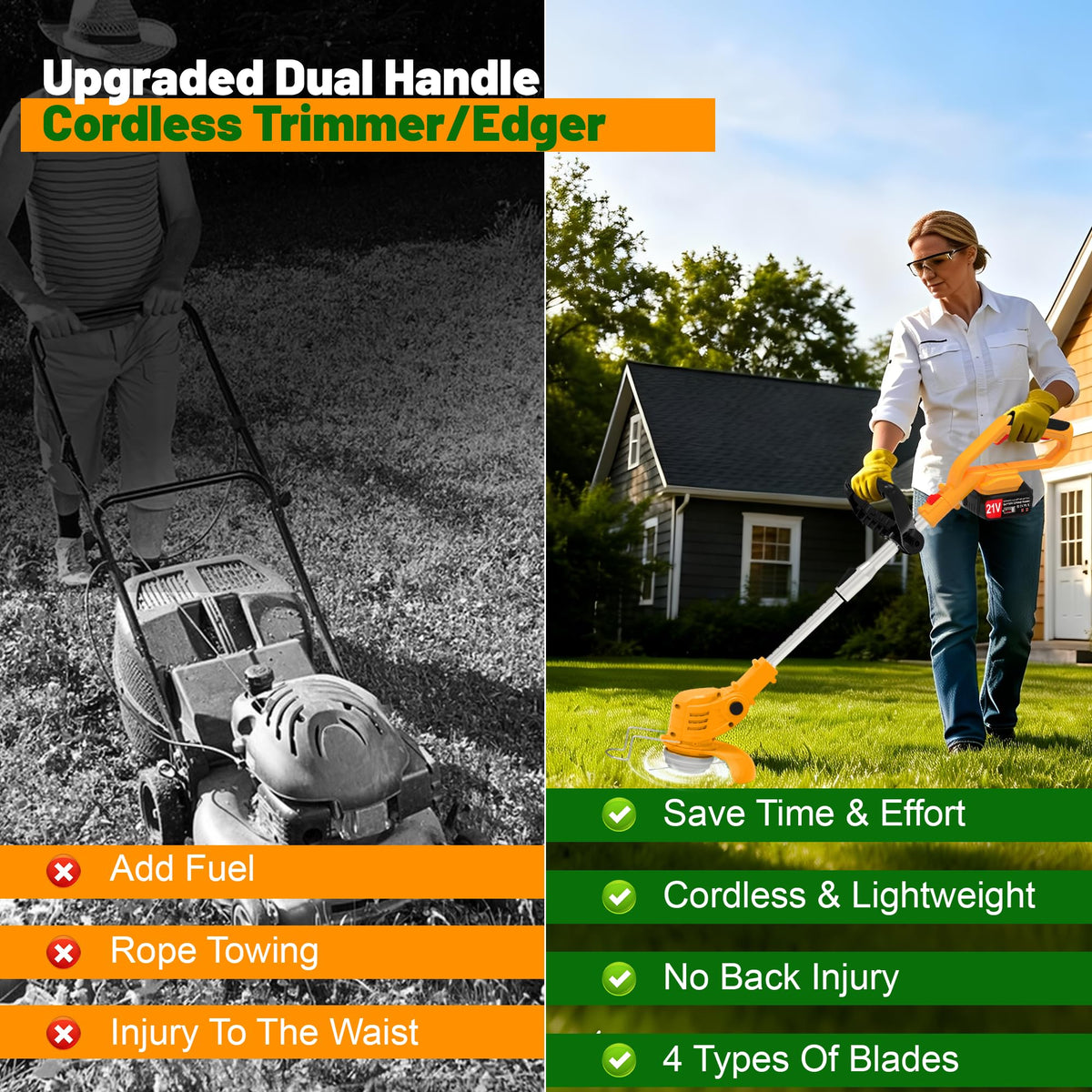 Ninghw four-blade system switches between grass, weeds, hedges, and branches.