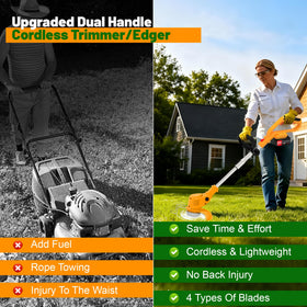 Ninghw four-blade system switches between grass, weeds, hedges, and branches.