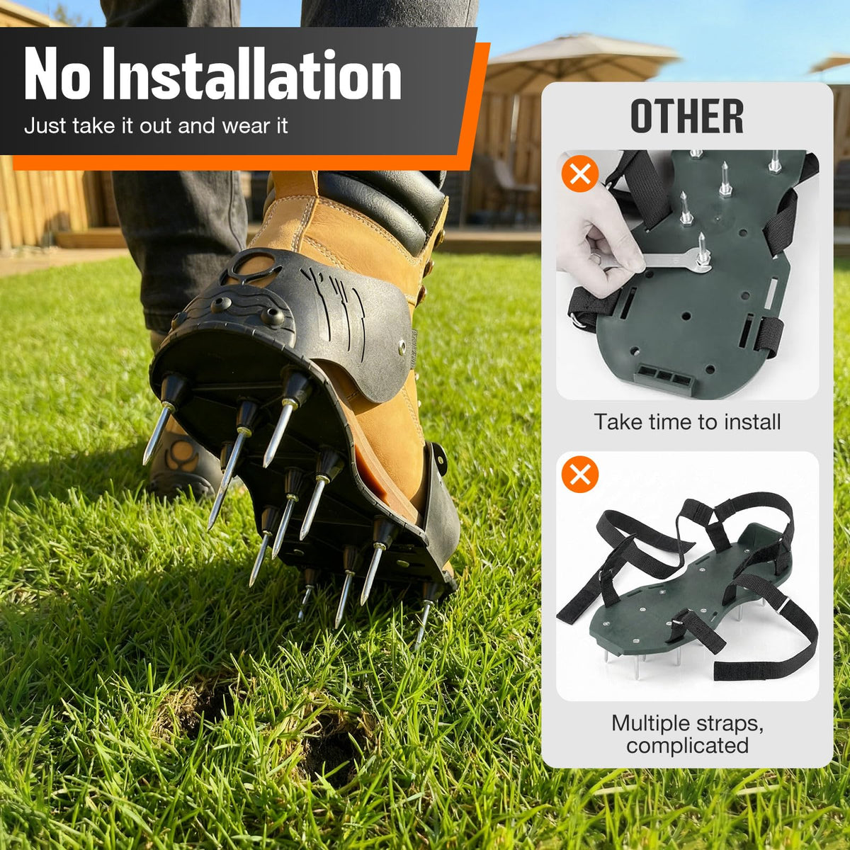 NINGO aerator shoes heavy-duty spikes close-up show penetrating power for compact soil