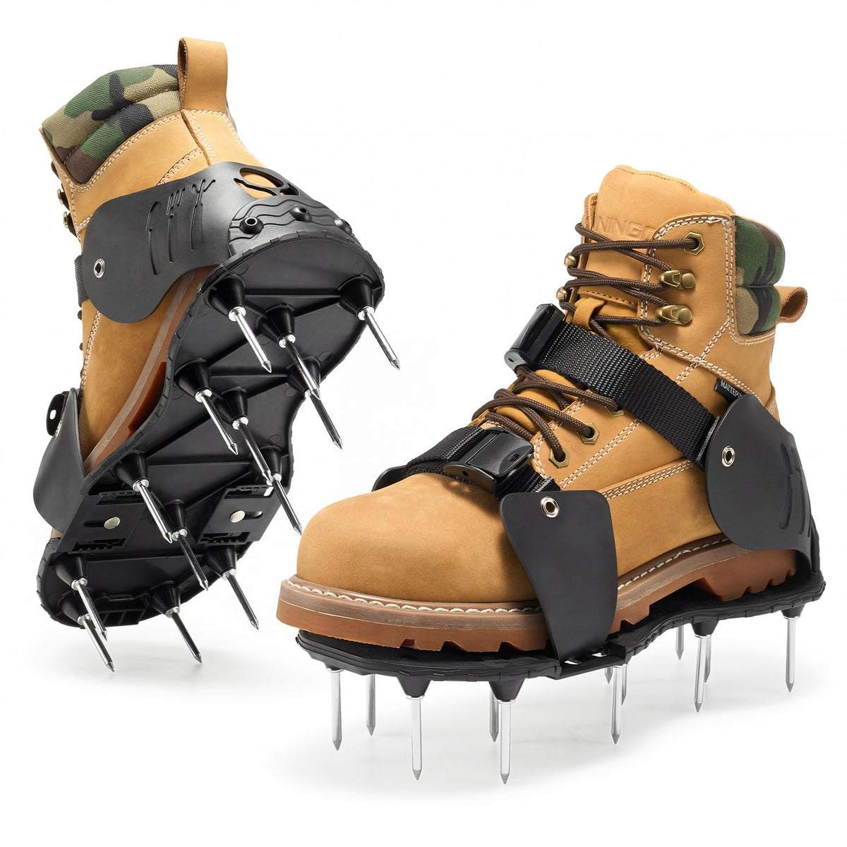 NINGO pre-assembled aerator shoes on lawn for quick professional-grade aeration