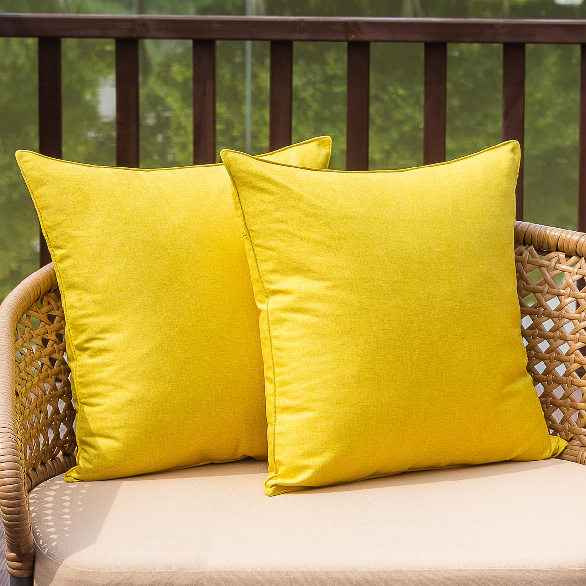 NiNi ALL outdoor pillow cover in yellow with waterproof coating for patio use.