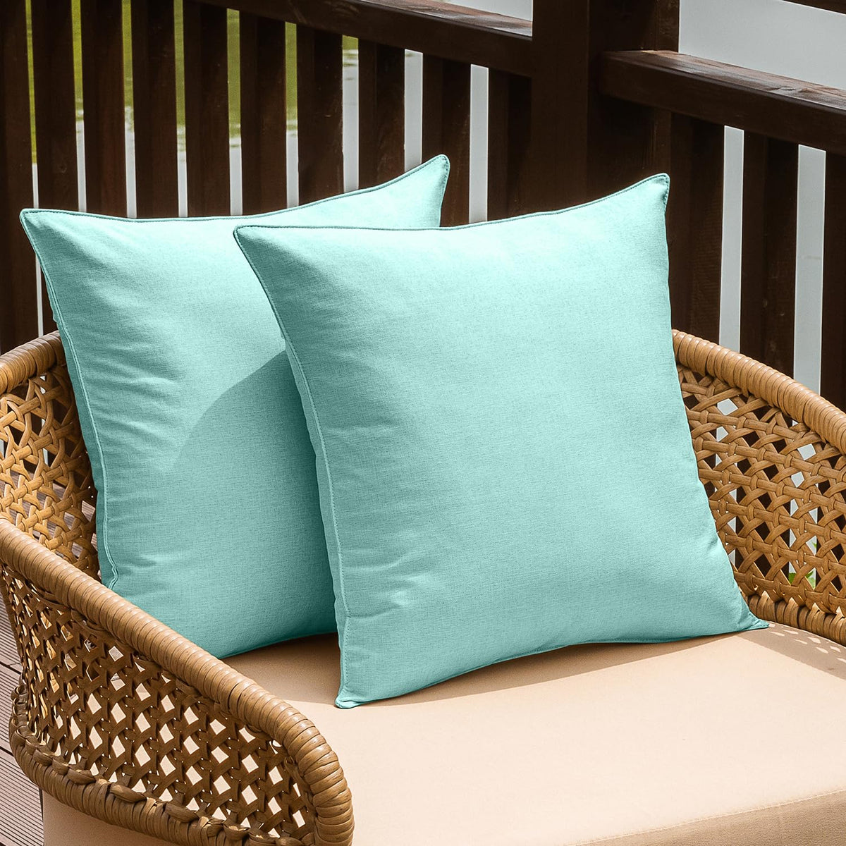 NiNi ALL outdoor pillow cover in lake blue; waterproof for weather-ready patio use.