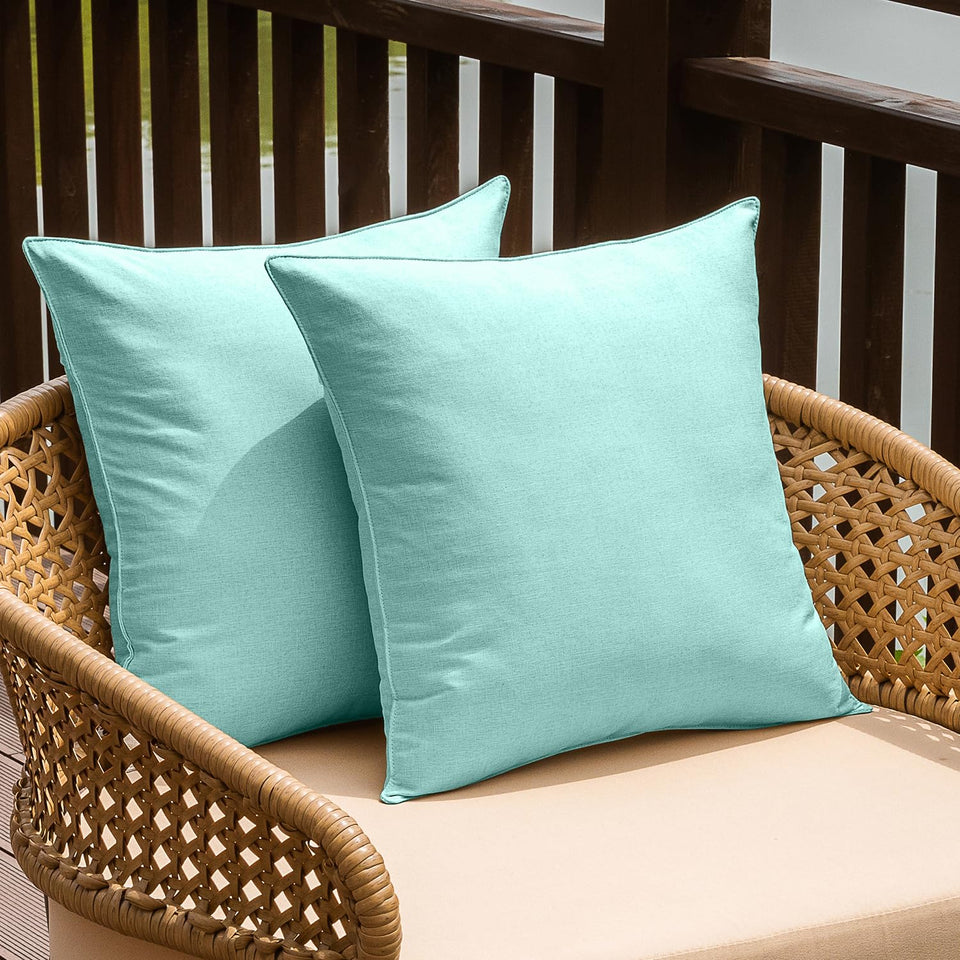NiNi ALL outdoor pillow cover in lake blue; waterproof for weather-ready patio use.