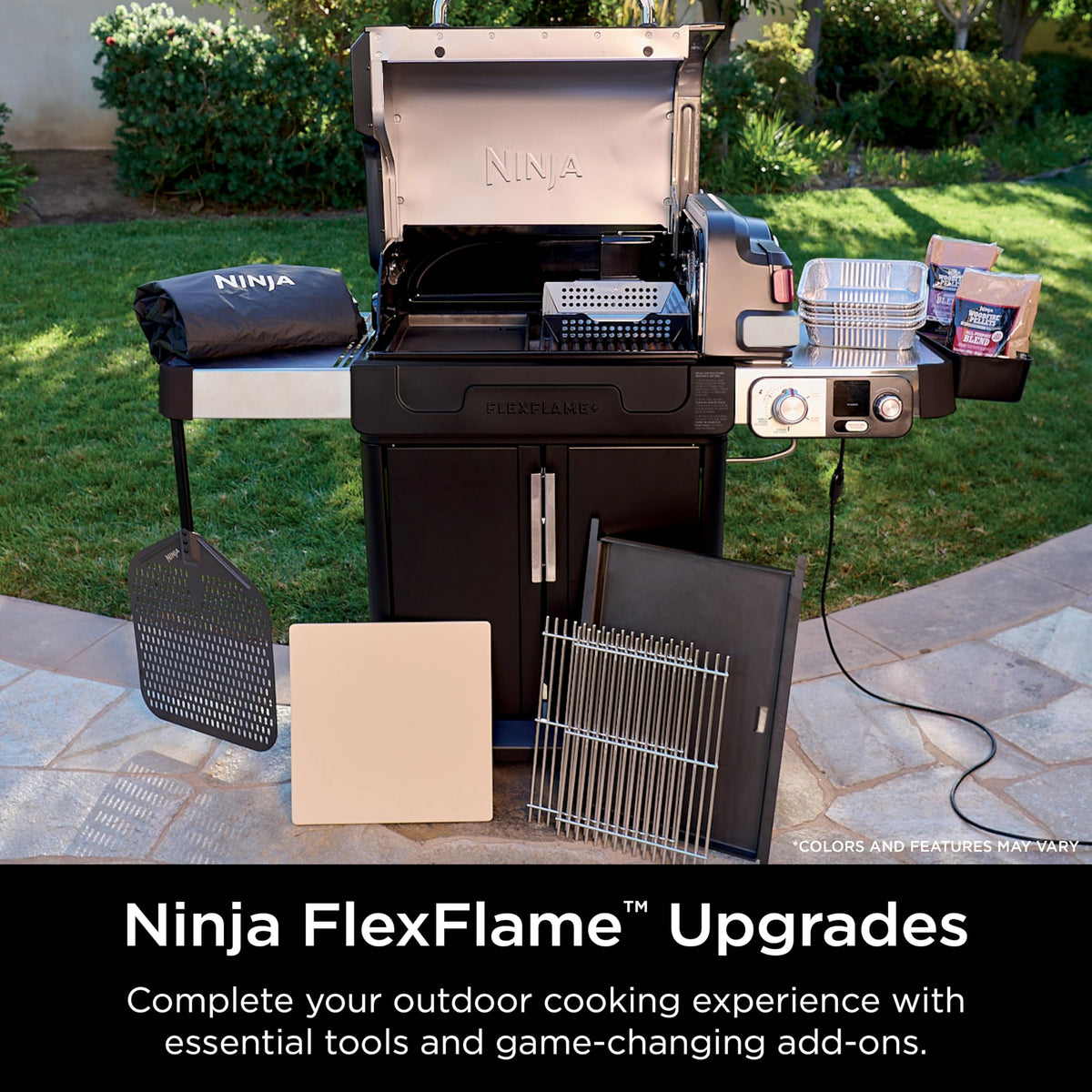 Ninja FlexFlame Half Griddle cooks six smash burgers on a hot surface
