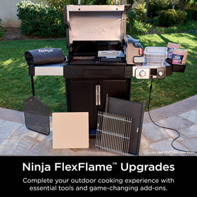 Ninja FlexFlame Half Griddle cooks six smash burgers on a hot surface