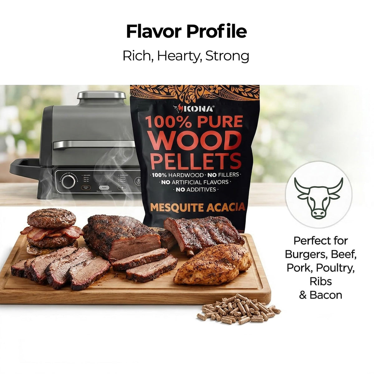 Ninja Woodfire grill ready with Kona pellets for authentic smoky flavor