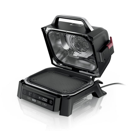 Ninja Woodfire grill front view showing rugged outdoor design for year-round cooking