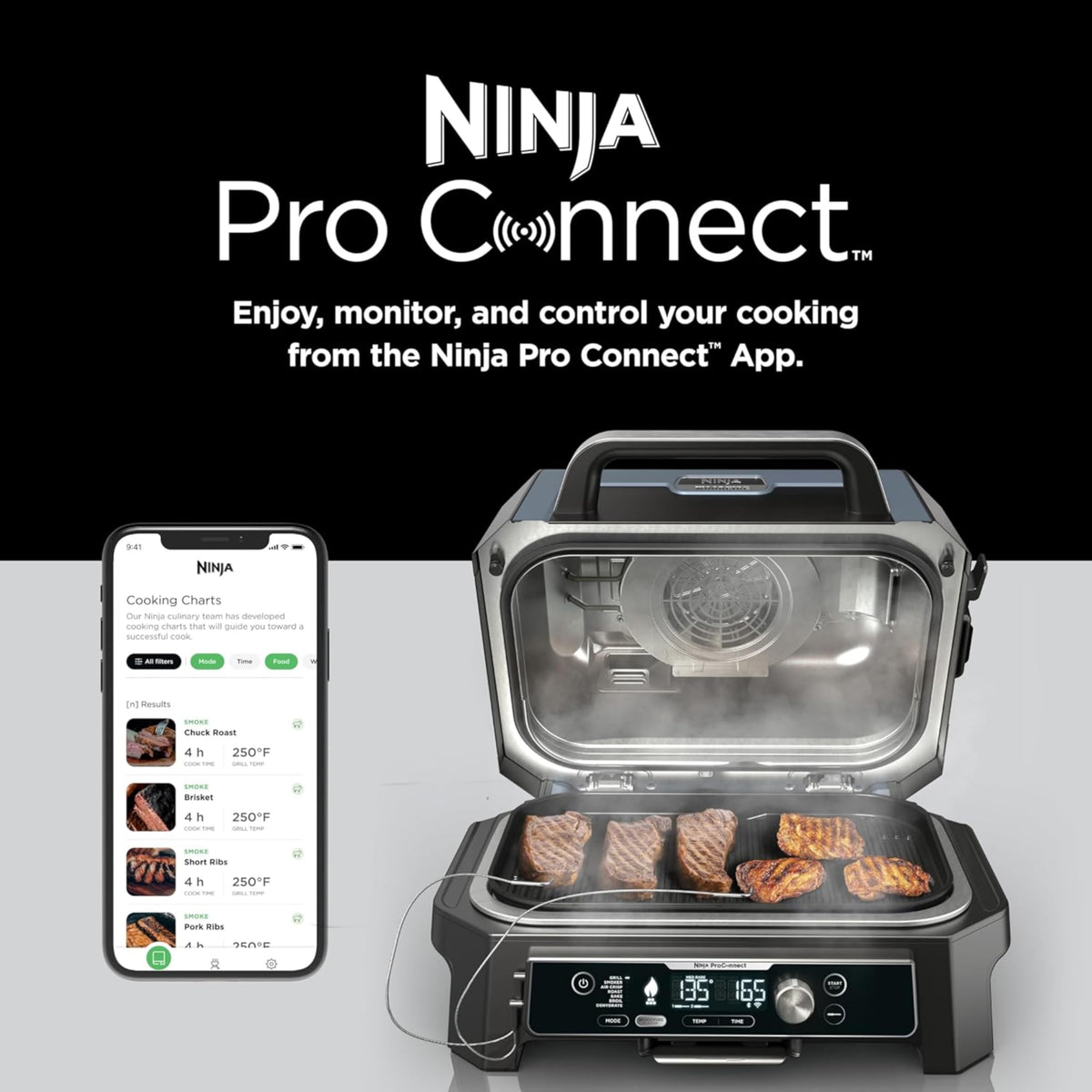 Ninja Woodfire Pro Connect XL built-in thermometer showing precise temperature control