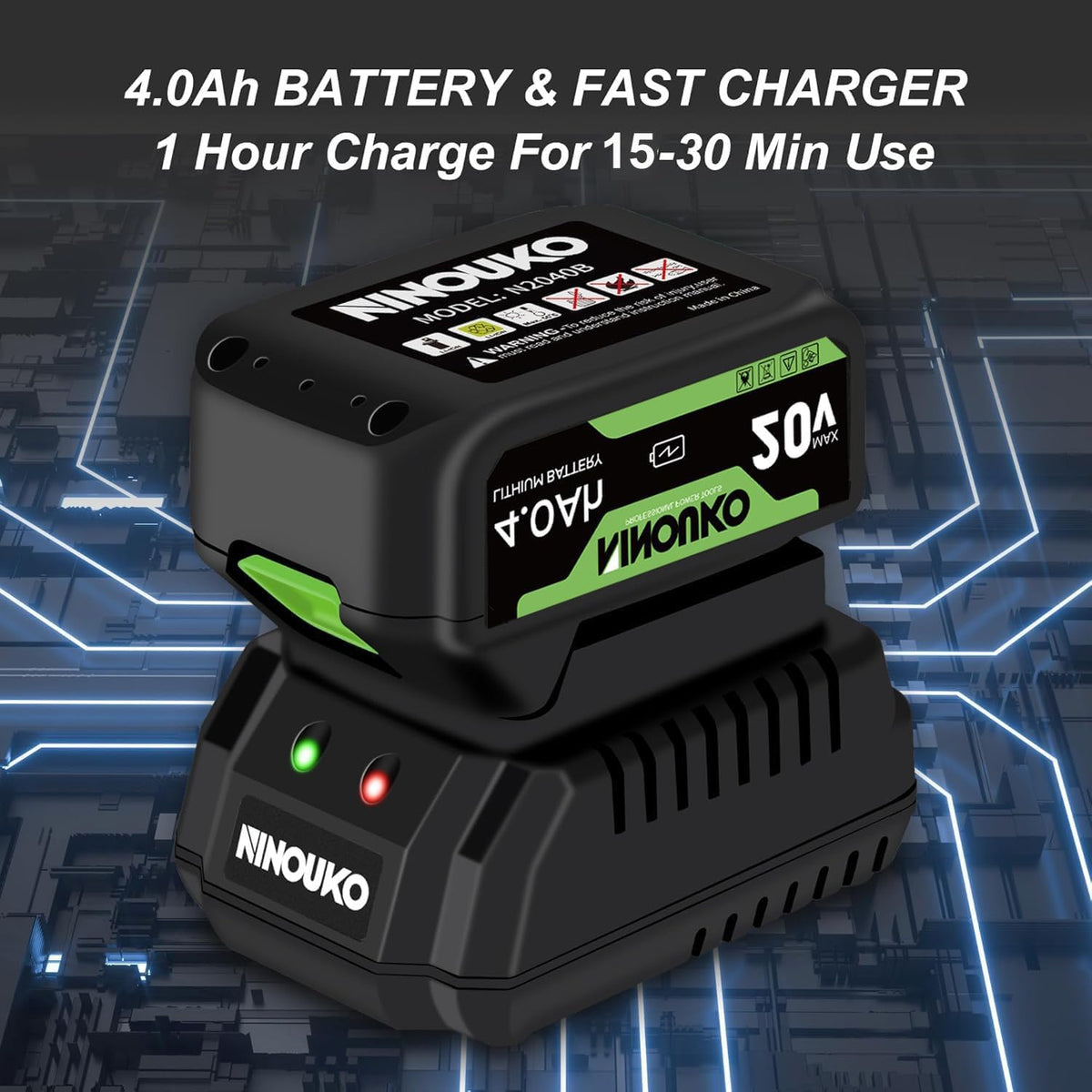 NINOUKO 20V battery 4.0Ah fuels longer sessions.