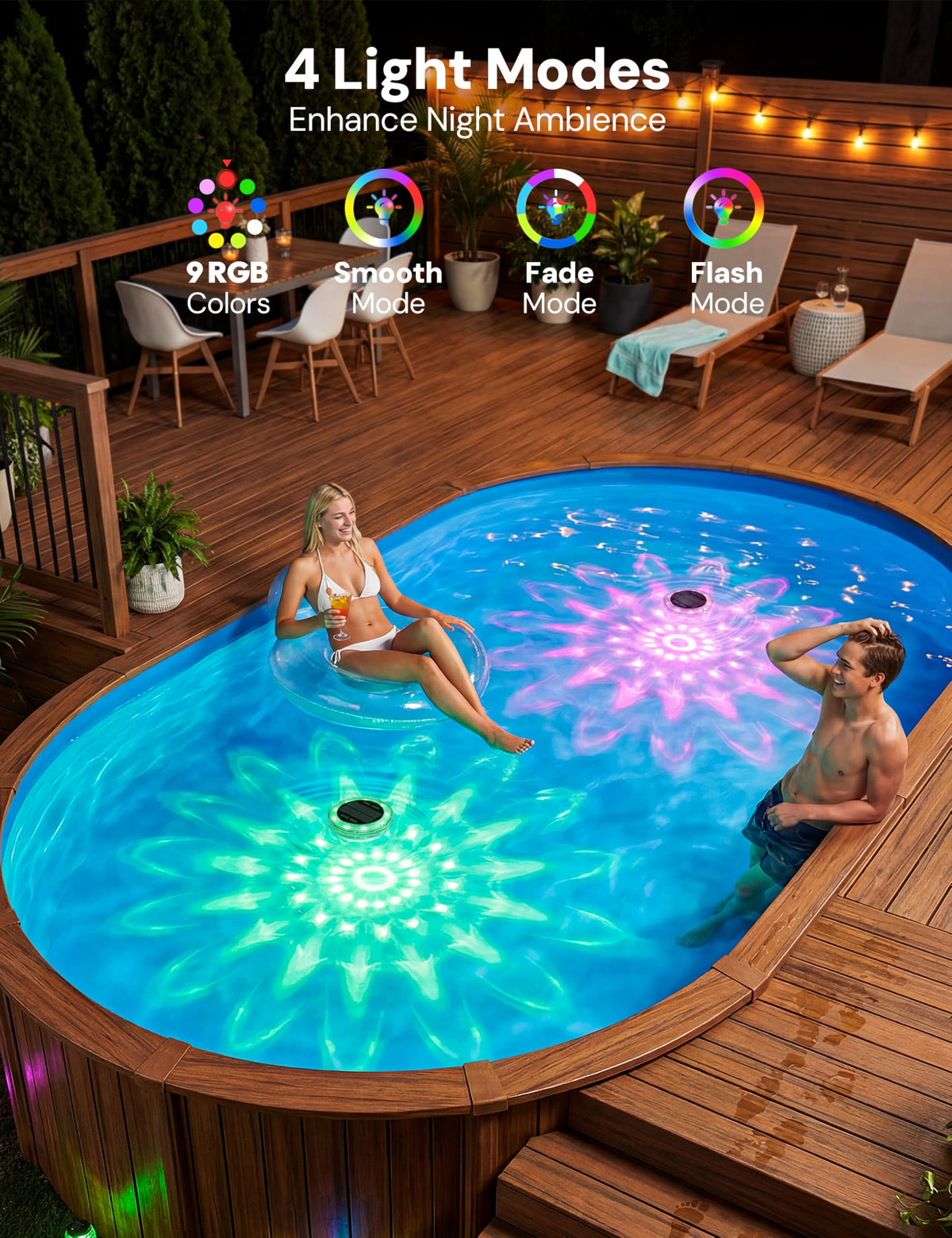 NIORSUN nine RGB color LEDs show vibrant options for pool lighting.