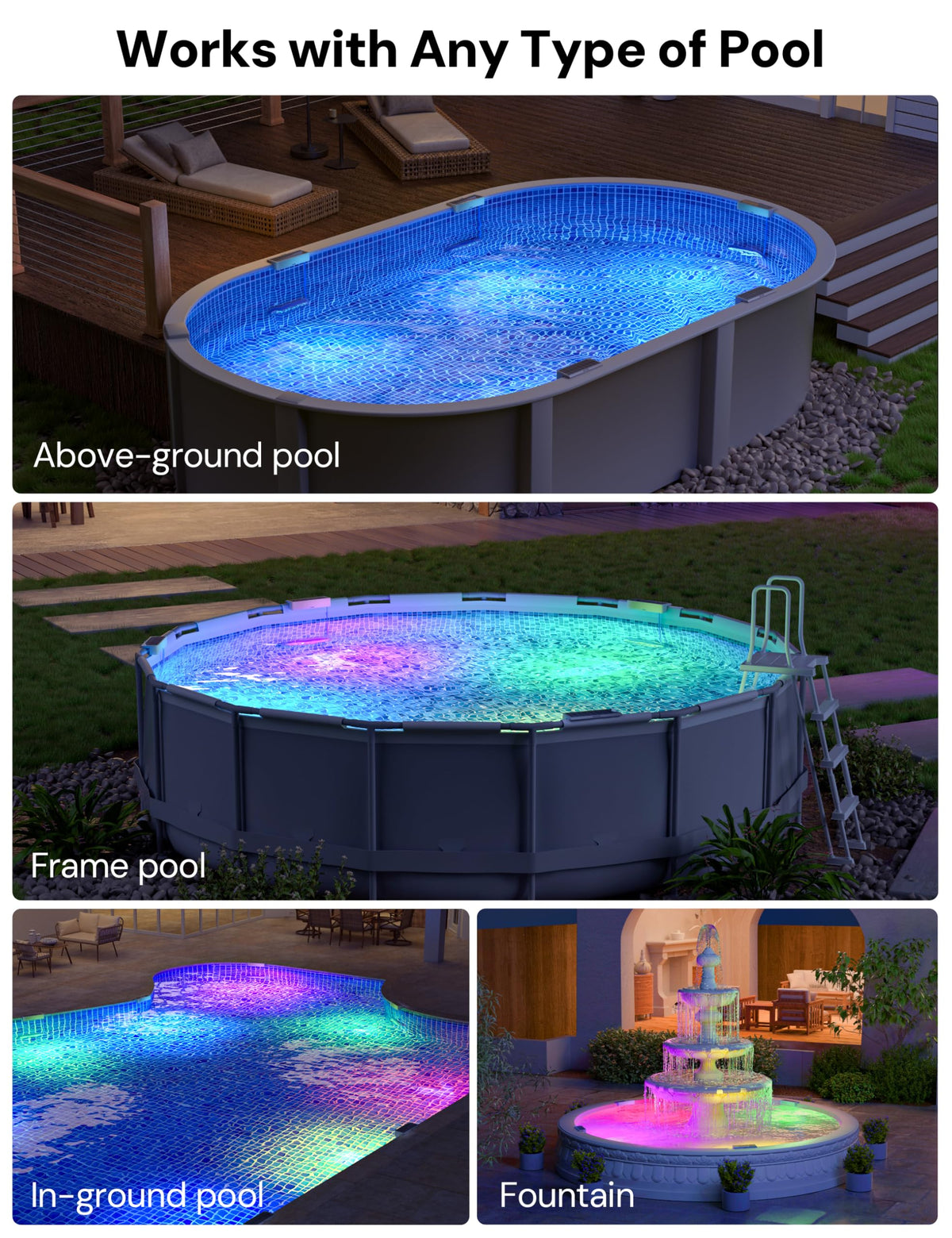 NIORSUN installation on pool edges using adhesive or zip ties.