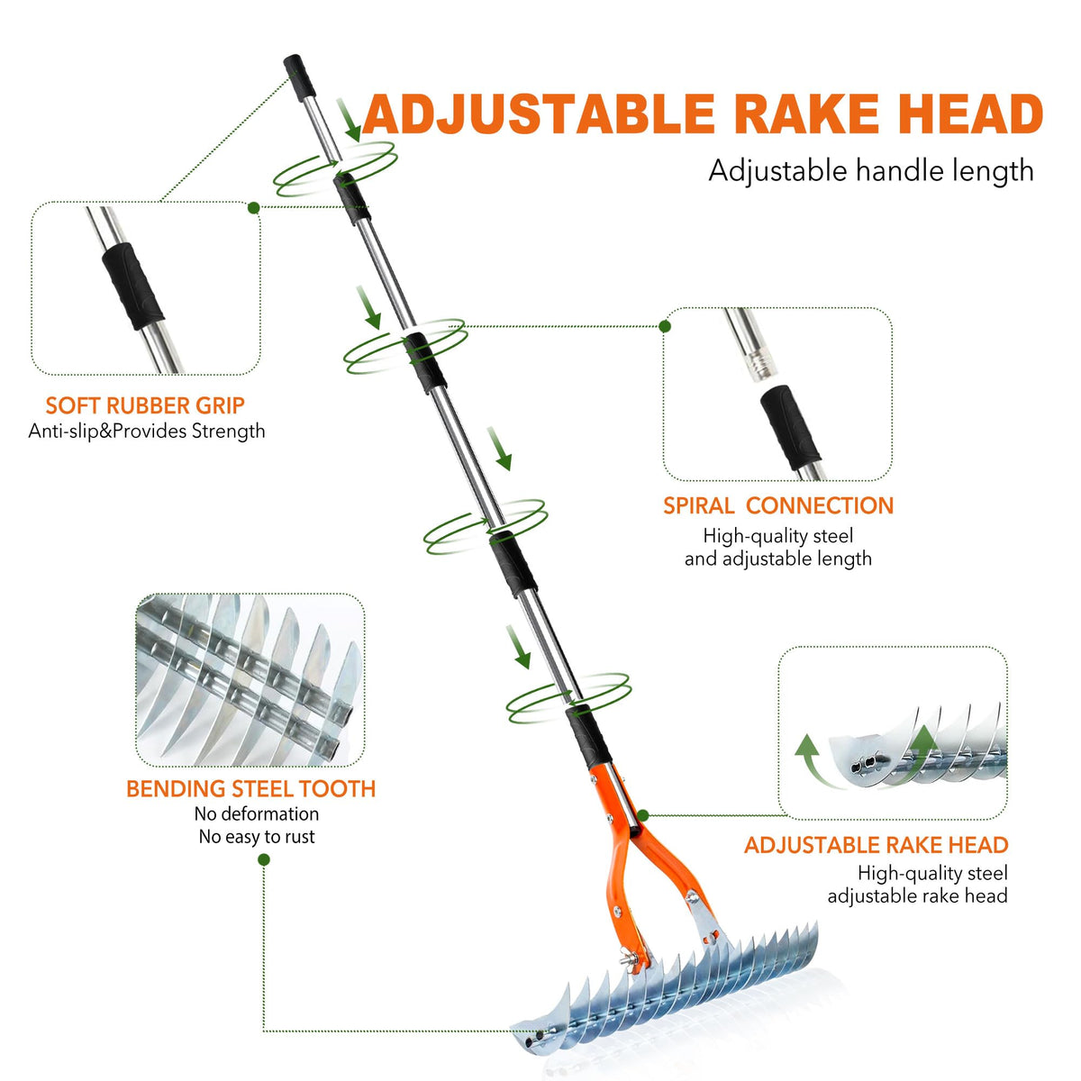Niovrooro Thatch Rake adjustable handle shows ergonomic setup for comfortable use.
