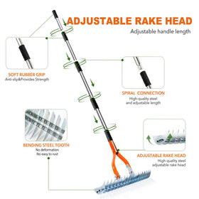 Niovrooro Thatch Rake adjustable handle shows ergonomic setup for comfortable use.