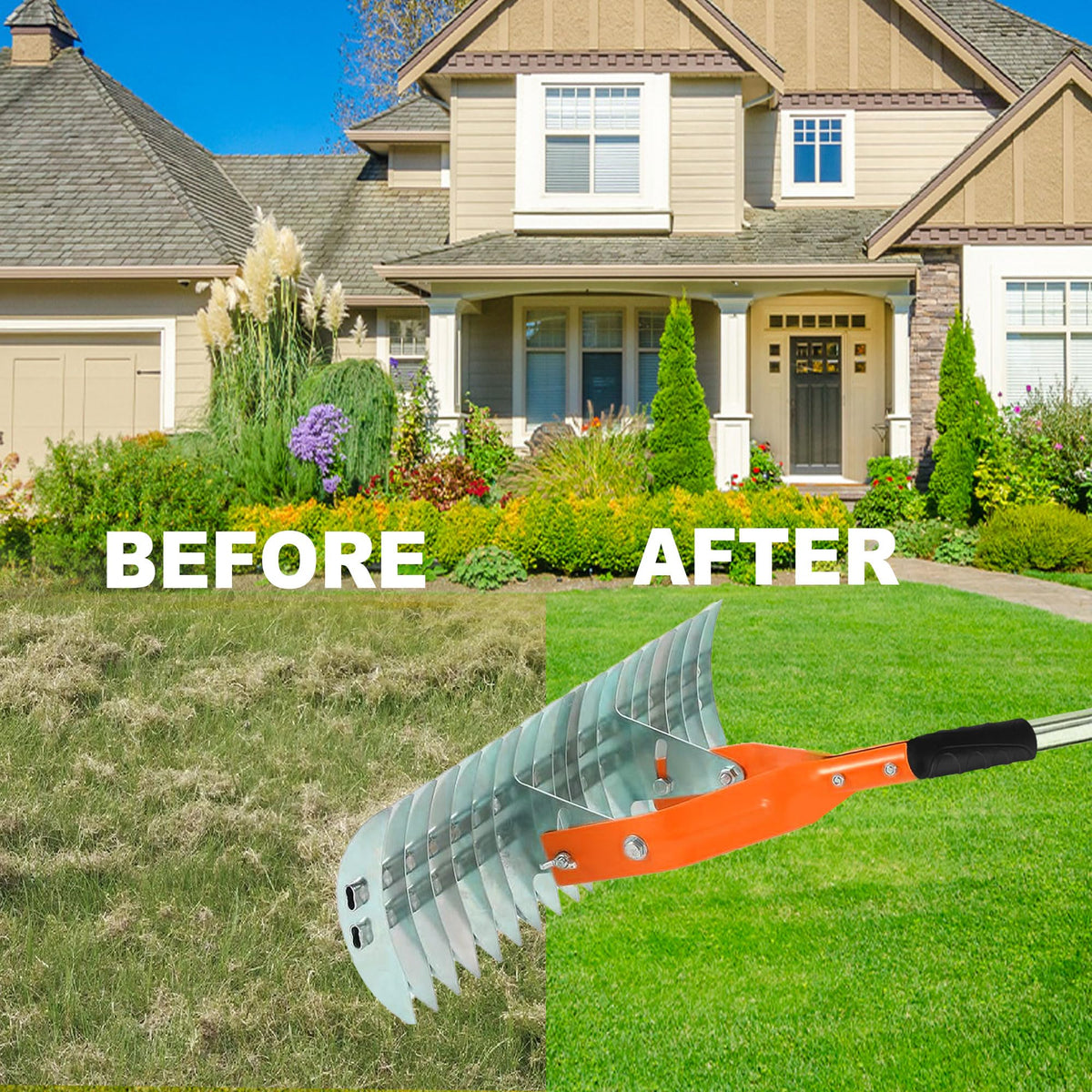 Niovrooro Thatch Rake handle extended shows adjustable length for tall users.