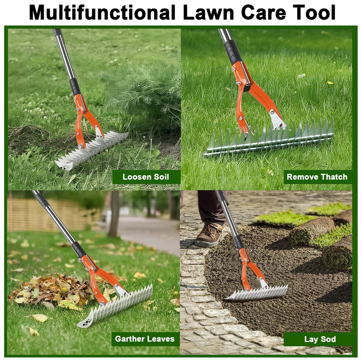 Niovrooro Thatch Rake in action on lawn demonstrates soil loosening and debris removal.