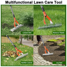 Niovrooro Thatch Rake in action on lawn demonstrates soil loosening and debris removal.