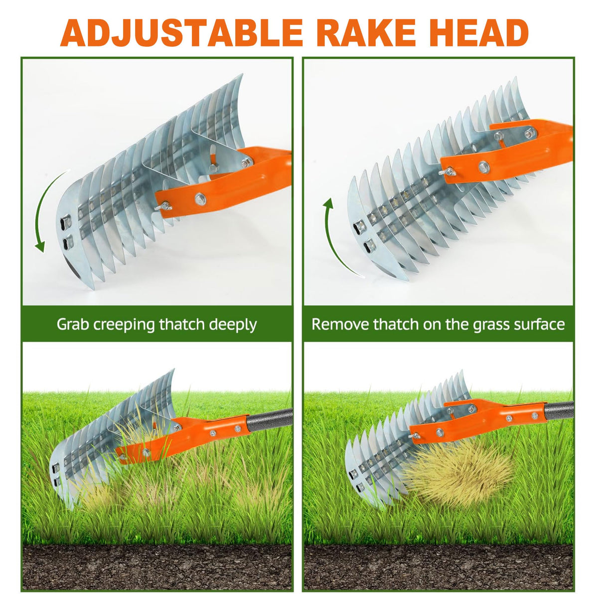Niovrooro Thatch Rake teeth close-up shows curved steel tines for effective thatching and debris removal.