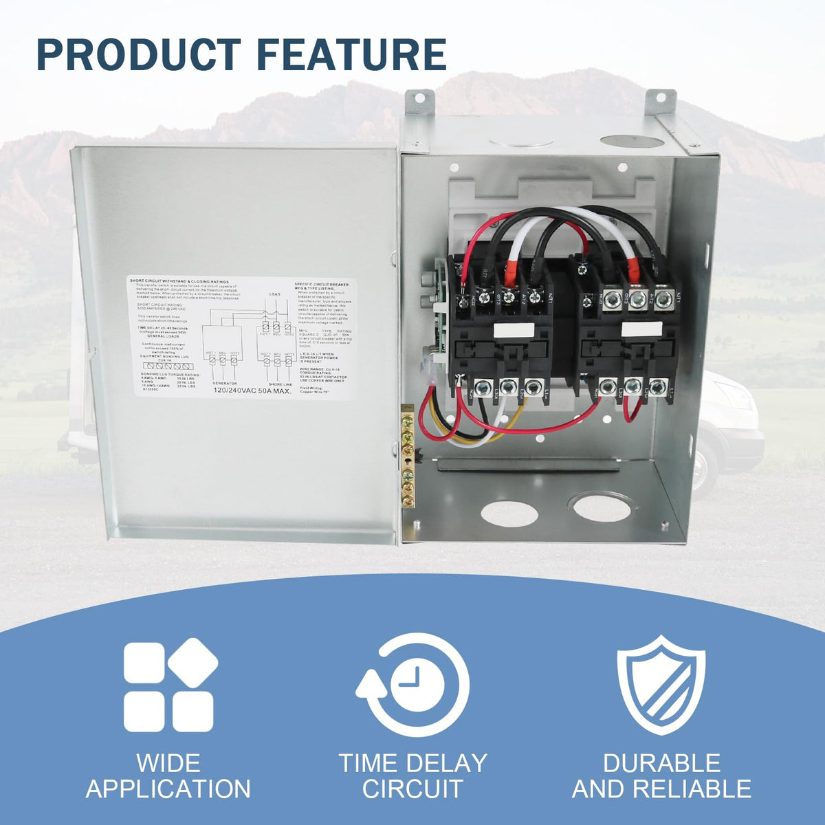 Nirakoka RV Automatic Transfer Switch side panel highlights rugged construction for mobile travel reliability.