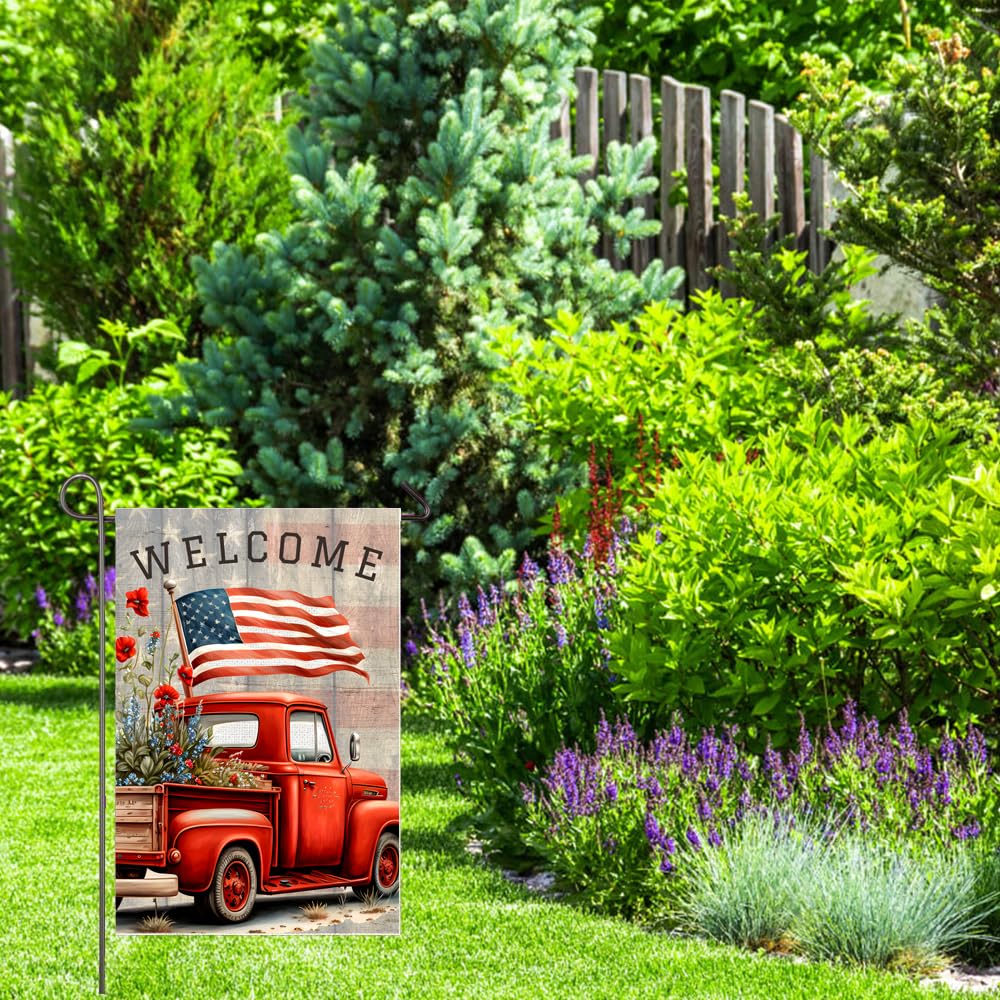 NISEVAN decorative flag highlights red vintage truck and wildflowers on your porch