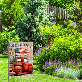 NISEVAN decorative flag highlights red vintage truck and wildflowers on your porch