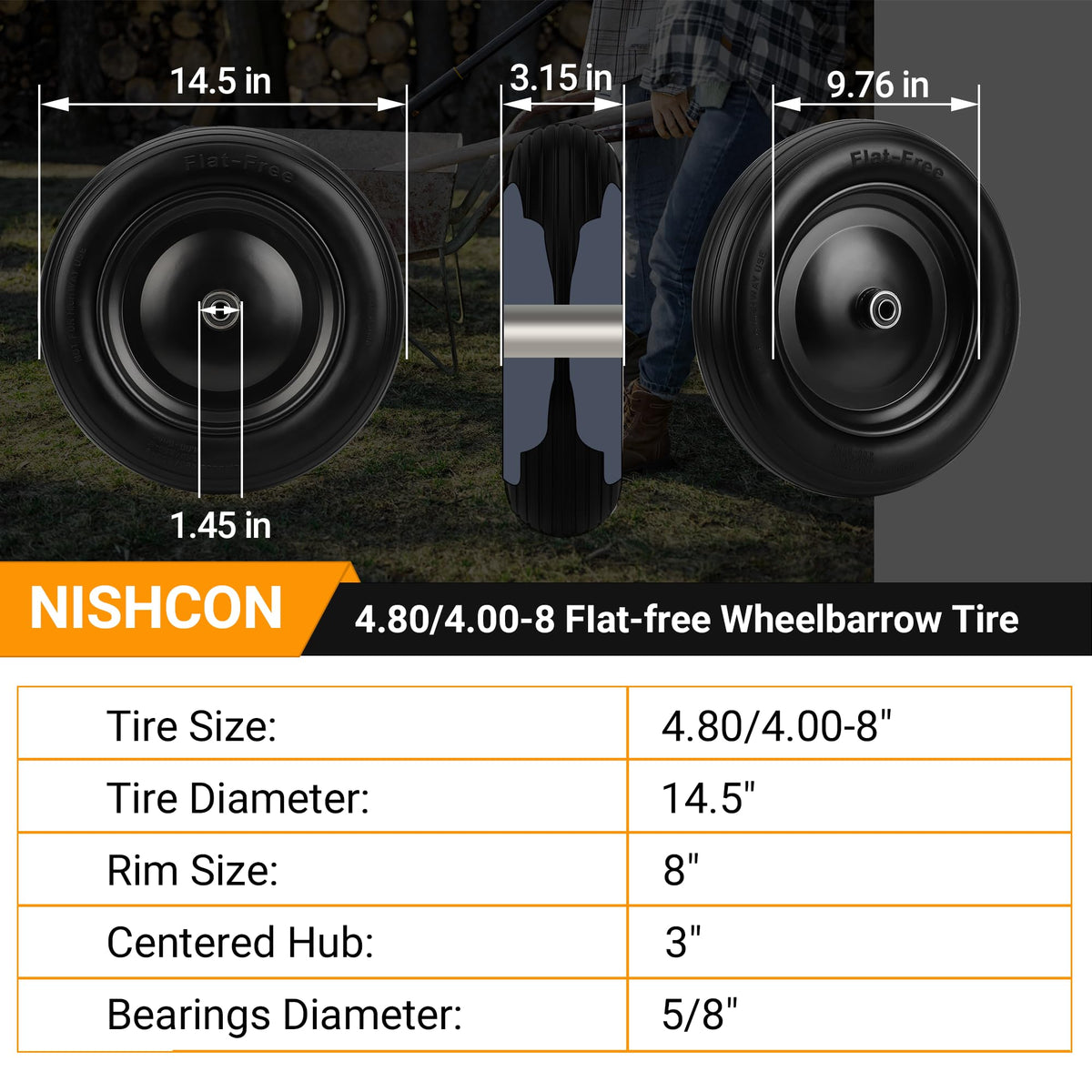 NISHCON side profile of 4.80/4.00-8 tire on a wheelbarrow