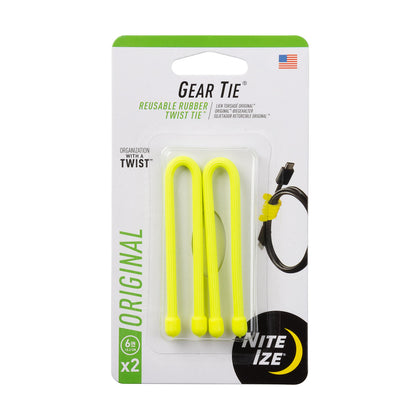Nite Ize Gear Tie neon yellow 6-inch wrap for cords and small devices.