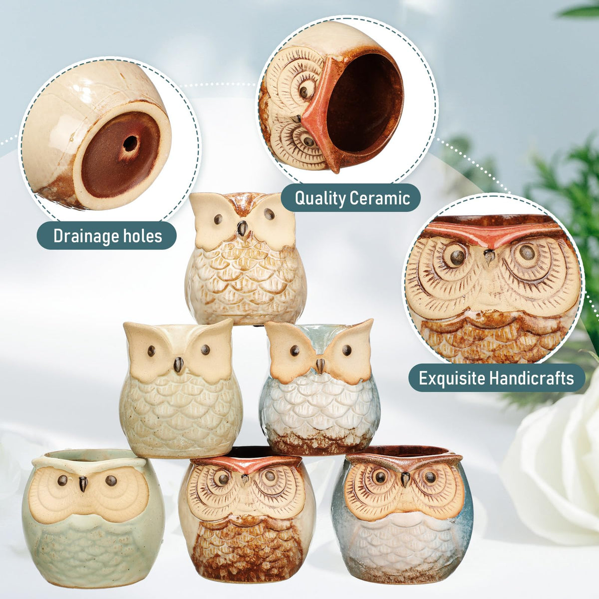 Nitial owl-design ceramic pots offer six playful looks for home decor.