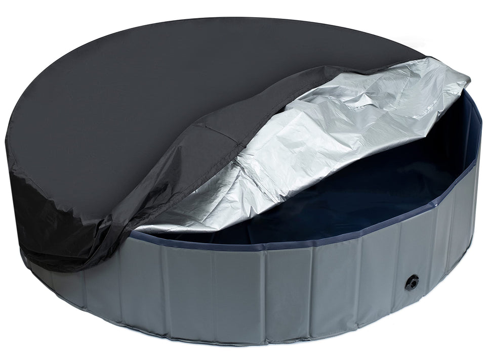 Niubya round dog pool cover folded for storage and quick setup.